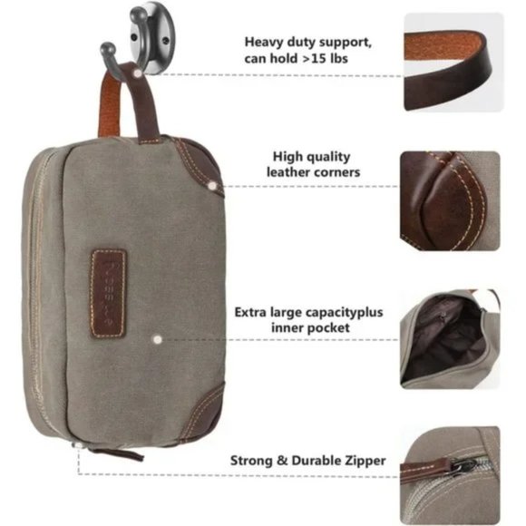 New MEN'S Toiletry Bag, Leather and Canvas Travel Toiletry Bag, Light Gray - Picture 5 of 7